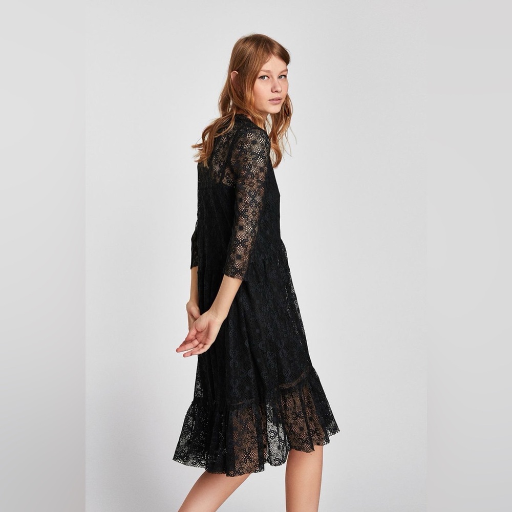 Zara Black 3/4 Sleeve V-Neck Lace Dress - Picture 13 of 16